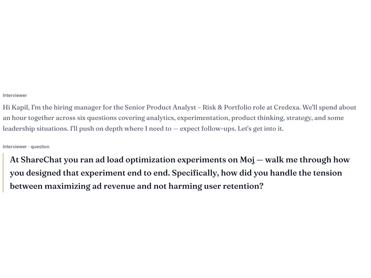 A mock interview in progress: the interviewer introduces a six-question loop, then asks a question built from a specific project on the candidate’s résumé.